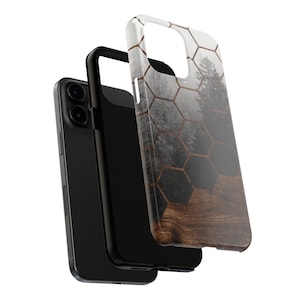 May include: A black phone case with a geometric pattern of hexagons in gold and a wood grain background. The case is designed for an iPhone.