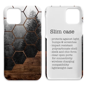 May include: A white phone case with a wood and geometric pattern. The case is slim and has a description of its features on the right side. The text reads: "Slim case - protects against light bumps & scratches - impact resistant polycarbonate shell - sleek and chic form - clear open ports for connectivity - wireless charging compatibility - lightweight case"