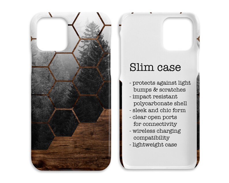 May include: A white phone case with a wood and geometric pattern. The case is slim and has a description of its features on the right side. The text reads: "Slim case - protects against light bumps & scratches - impact resistant polycarbonate shell - sleek and chic form - clear open ports for connectivity - wireless charging compatibility - lightweight case"