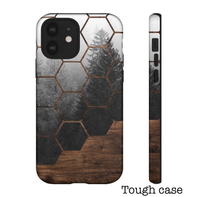 May include: A tough phone case with a wood grain design and a geometric pattern overlayed on a foggy forest scene.