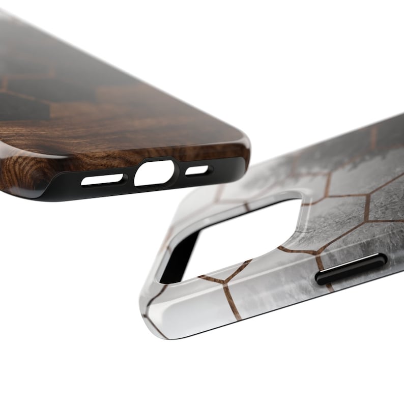 May include: Two phone cases, one with a wood grain pattern and the other with a white and gray geometric pattern with gold accents.