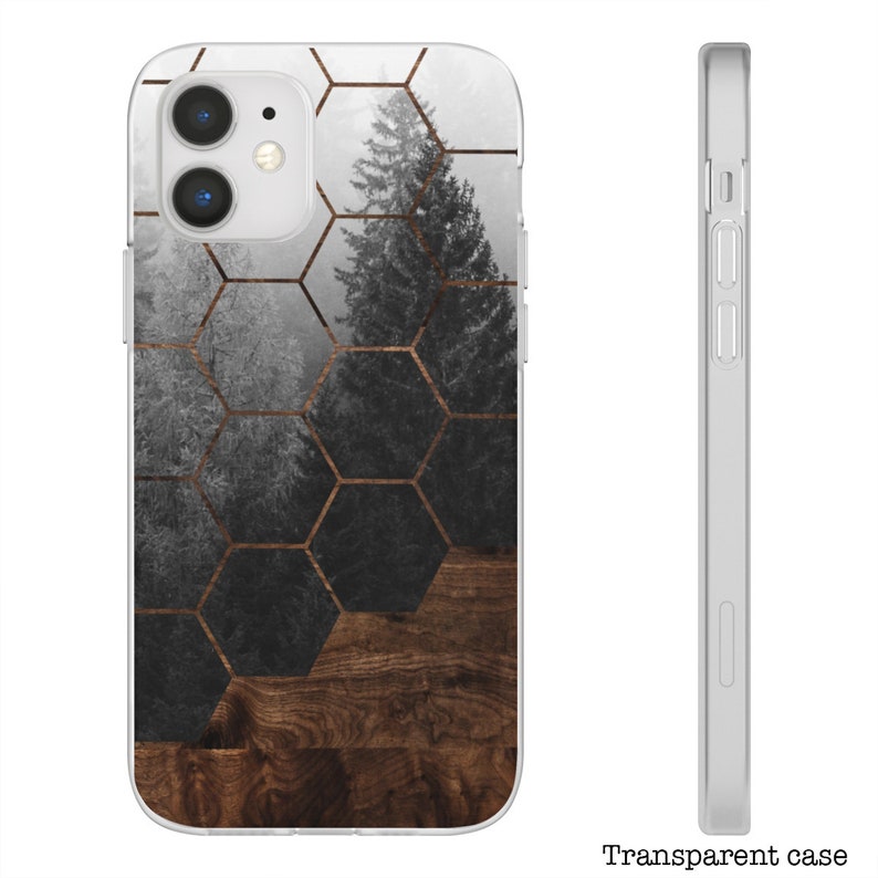 May include: A clear phone case with a geometric pattern of hexagons in gold and a wood grain background. The pattern features a foggy forest scene with trees.