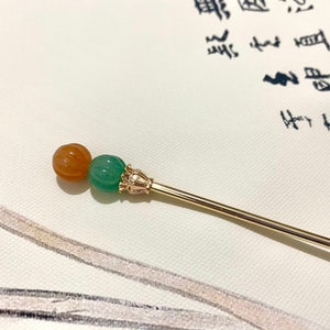Kürbis-Kupfer Haarstab-Gold Haarstäbchen-Jade Haarnadel-Haarstab für lange Haare-Chinesische Haarnadel-Stäbchen-Edelstein-Weihnachtsgeschenk Bild 1