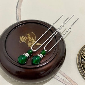 Mini copper hair forks-Green hair stick-gemstone hair sticks-Silver hair fork-decorative hair forks-U shaped-Gift for Her