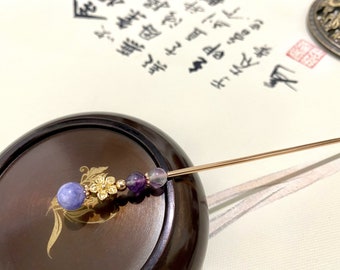Angelite Fluorite Hair Stick, 14k Gold-Plated Copper Hair Pin