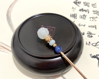 White Agate Lotus Hair Stick, 14k Gold Copper Pin - Handmade in Canada
