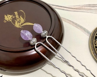 Amethyst Hair Fork: Mini Silver U-Shaped Hair Stick, Handmade in Canada