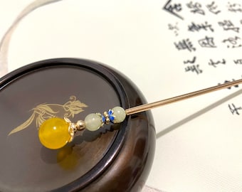Gelbe Chalcedon-Kupfer Haarstäbchen Haarnadeln Stäbchen-Edelstein Haarstab-Chinesische Haarstäbchen-Haarstäbchen Lange Haare-Gold Haarstäbchen