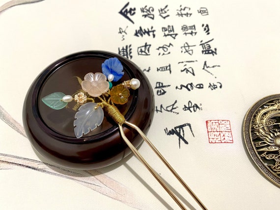 Gold Jade Flower Hair Pin: Agate, Aventurine, Pearl Hair Stick