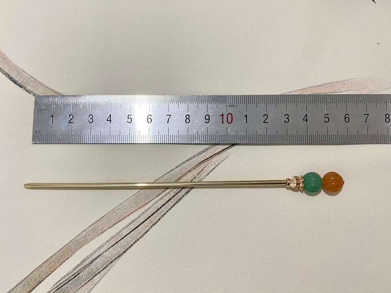Kürbis-Kupfer Haarstab-Gold Haarstäbchen-Jade Haarnadel-Haarstab für lange Haare-Chinesische Haarnadel-Stäbchen-Edelstein-Weihnachtsgeschenk Bild 9