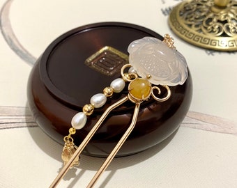 Lotus gele jade koperen haarstokken Pearl Dangle Hair Pin-Chinese haarstokken-Hanfu accessoires-Aziatische haarstokken lang haar-gouden haarstok