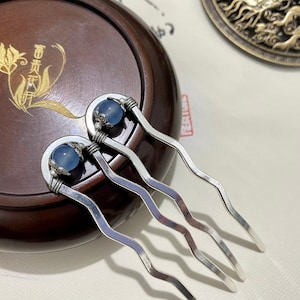 Mini copper hair forks-Blue chalcedony hair stick-Gemstone hair sticks-Silver hair fork-Decorative hair forks-U shaped-Christmas gift imagem 6