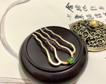 Mini Kupfer Haargabeln-Grüner Aventurin Haarstab-Blümchen Edelstein Haarstäbe-Gold dekorative Haargabeln-kleine Haargabel-Muttertag