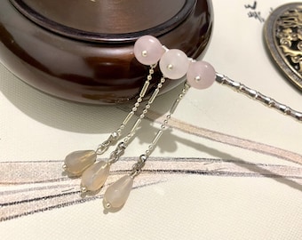 Rose Quartz White Agate-Copper Hair Sticks Hair Pin-Chinese Hair Sticks-Hanfu Accessories-Asian Hair Sticks Long Hair-Silver Hair Stick