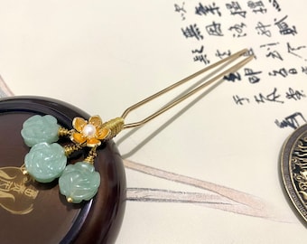 Decorative Hair Pin Hair Sticks-Fine Gold Plated Copper Hair Pins for long hair-Flower Blossom Gemstone Jade Wedding Hair Jewelry For Women