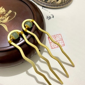 Mini copper hair forks-Green chalcedony hair stick-gemstone hair sticks-gold hair fork-decorative hair forks-Christmas gift