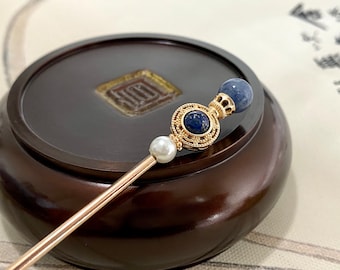 Horquilla para el cabello de lapislázuli, cobre chapado en oro de 14k, aventurina y perla