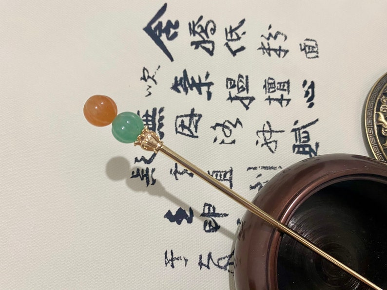 Kürbis-Kupfer Haarstab-Gold Haarstäbchen-Jade Haarnadel-Haarstab für lange Haare-Chinesische Haarnadel-Stäbchen-Edelstein-Weihnachtsgeschenk Bild 8