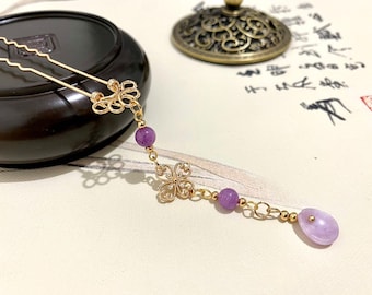 Vergoldete Mini Haarforke mit Kunzit Amethyst Anhänger