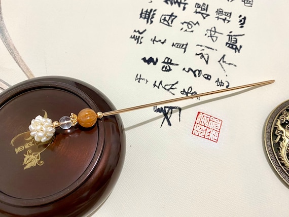 Pearl Gold Jade-Copper Hair Sticks Hair Pins Chopstick-Gemstone Hair Stick-Chinese Hair Sticks-Hair Sticks Long Hair Accessory for Women