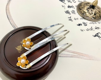Tenedores de cabello pearl copper-Pearl hair stick-Silver and Gold Mix hair sticks-Flower Bronze hair fork-Decorative hair fork-U shape hair fork
