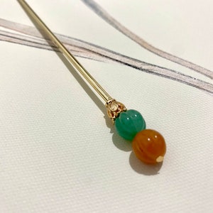 Kürbis-Kupfer Haarstab-Gold Haarstäbchen-Jade Haarnadel-Haarstab für lange Haare-Chinesische Haarnadel-Stäbchen-Edelstein-Weihnachtsgeschenk Bild 2