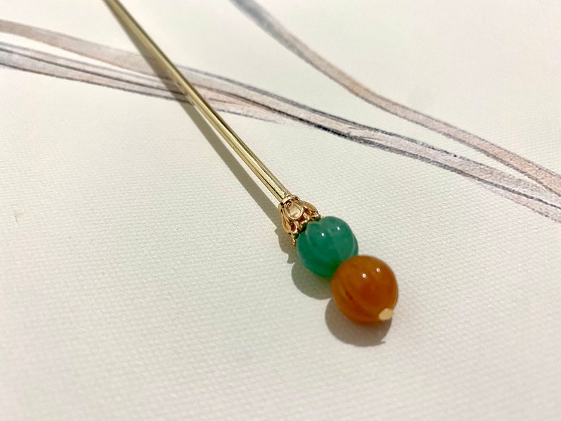 Kürbis-Kupfer Haarstab-Gold Haarstäbchen-Jade Haarnadel-Haarstab für lange Haare-Chinesische Haarnadel-Stäbchen-Edelstein-Weihnachtsgeschenk Bild 2