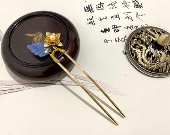 Blue Aventurine Leaf hair fork-hair sticks for long hair-Fine Gold Plated Copper Gemstone hairpin-Traditional Wedding hair fork-Gift for Her