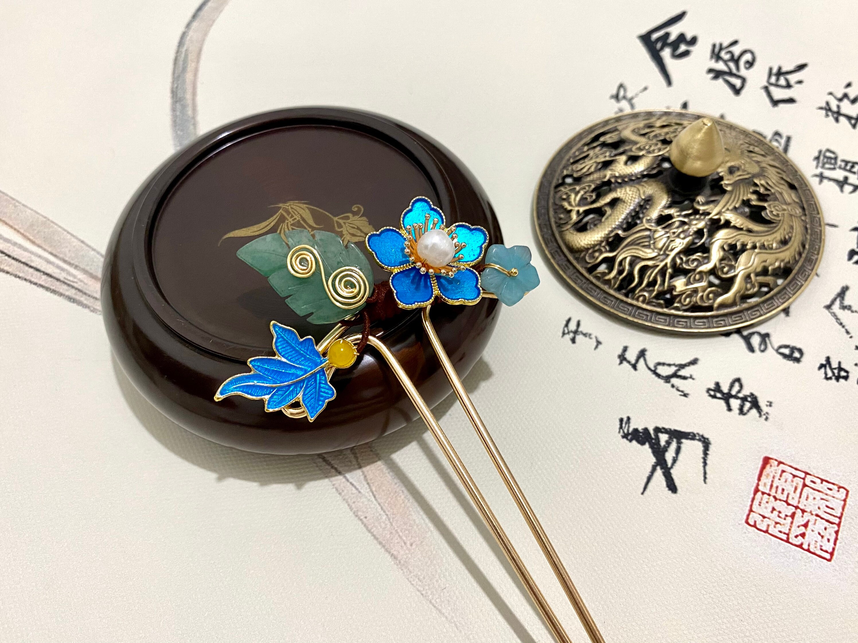 Decorative Hair Pin Hair Sticks-Fine Gold Plated Hair Fork for long hair-Aventurine Leaf Flower Blossom Wedding Hair Jewelry for women