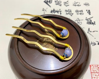 Mini copper hair forks-Purple Chalcedony hair stick-gemstone hair sticks-Gold hair fork-luxury hair fork-decorative hair forks-gift for her