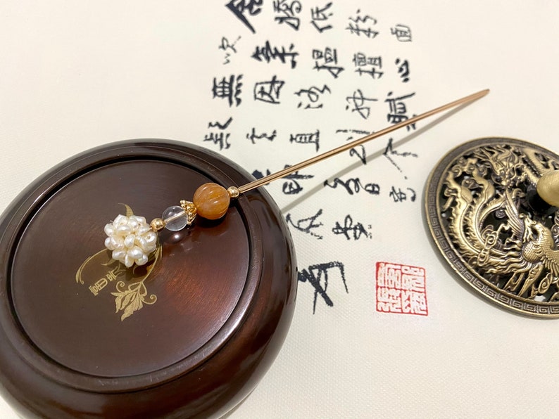 Pearl Gold Jade-Copper Hair Sticks Hair Pins Chopstick-Gemstone Hair Stick-Chinese Hair Sticks-Hair Sticks Long Hair Accessory for Women image 4