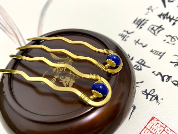 Mini Copper Hair Forks-lapis Lazuli Hair Stick-blue Gemstone  display picture 1