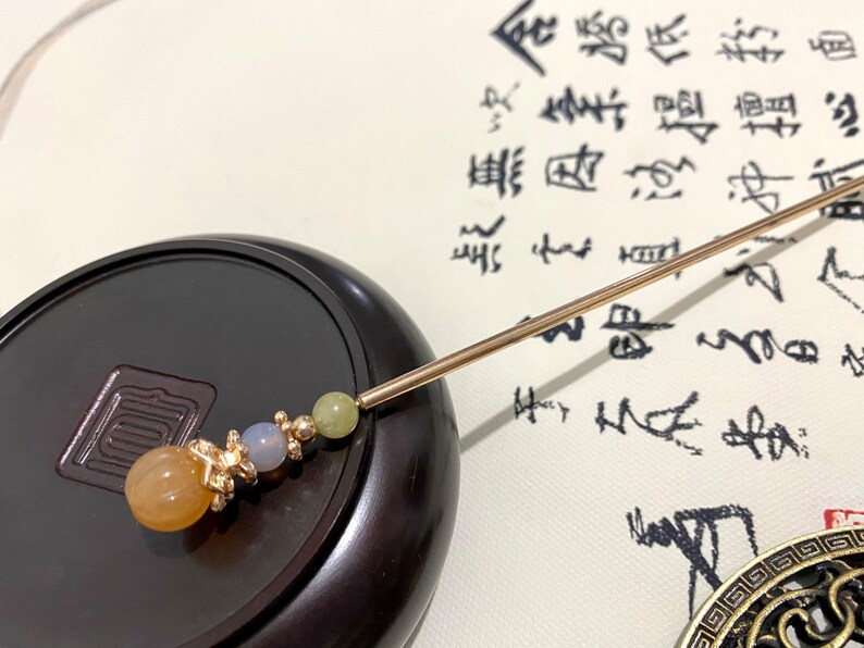 Gouden jade-koper haarstokken haarspelden eetstokje-edelsteen haarstok-Chinese haarstokken-haarstokken lang haar-gouden haarstokken-cosplay afbeelding 2