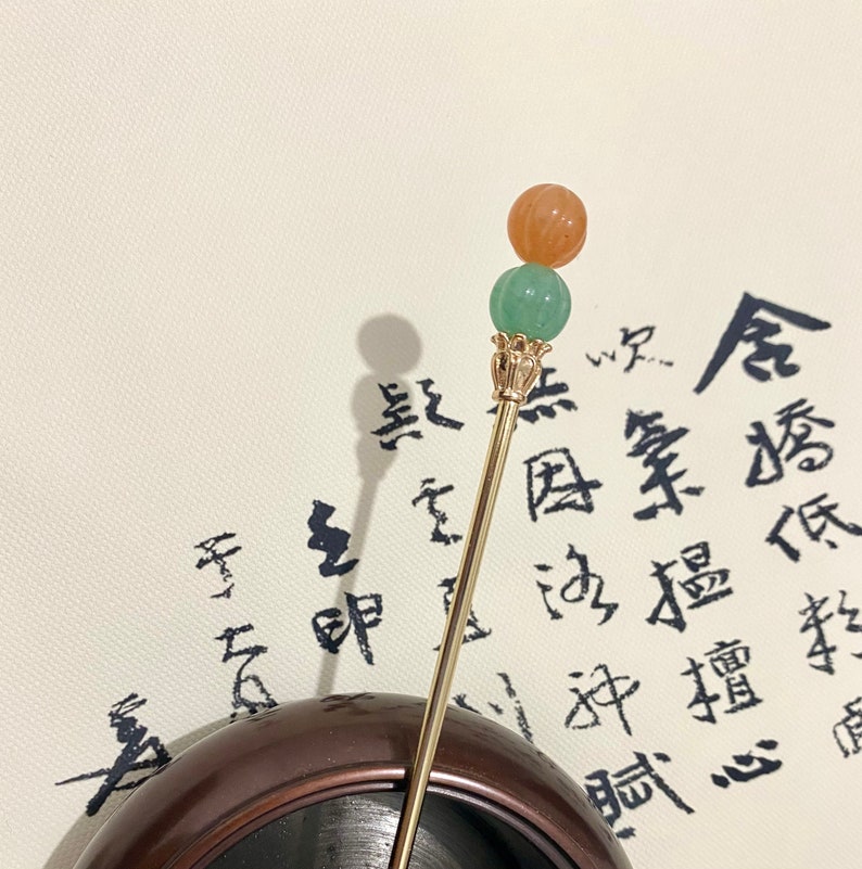 Kürbis-Kupfer Haarstab-Gold Haarstäbchen-Jade Haarnadel-Haarstab für lange Haare-Chinesische Haarnadel-Stäbchen-Edelstein-Weihnachtsgeschenk Bild 7