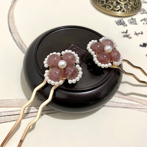 Mini copper hair forks-strawberry quartz hair stick-Gemstone hair sticks-Flower Gold hair fork-Decorative hair fork-U shape hair fork