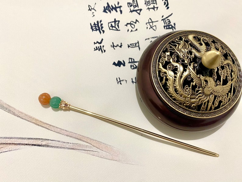 Kürbis-Kupfer Haarstab-Gold Haarstäbchen-Jade Haarnadel-Haarstab für lange Haare-Chinesische Haarnadel-Stäbchen-Edelstein-Weihnachtsgeschenk Bild 6