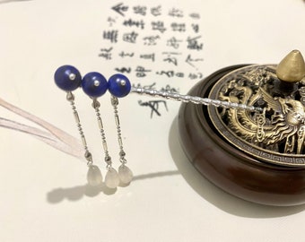 Lapis lazuli White Agate-Copper Hair Sticks Hair Pin-Chinese Hair Sticks-Hanfu Accessories-Asian Hair Sticks Long Hair-Silver Hair Stick