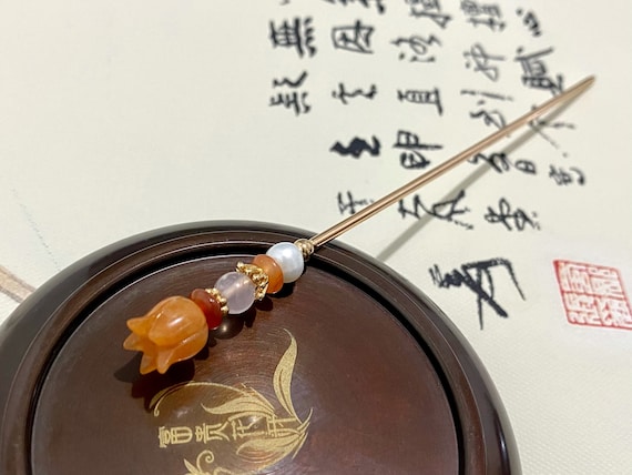 Golden Jade-Copper Hair Sticks Hair Pins Chopstick-Gemstone Hair Stick-Chinese Hair Sticks-Hair Sticks Long Hair-Gold Hair Sticks-Cosplay