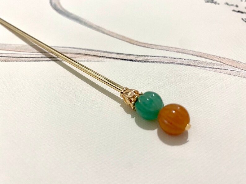 Kürbis-Kupfer Haarstab-Gold Haarstäbchen-Jade Haarnadel-Haarstab für lange Haare-Chinesische Haarnadel-Stäbchen-Edelstein-Weihnachtsgeschenk Bild 5