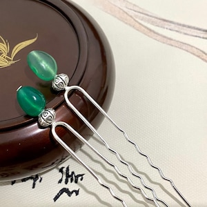 Mini copper hair forks-Green Agate hair stick-Gemstone hair sticks-Silver hair fork-Decorative hair fork-U shape hair fork-Christmas gift