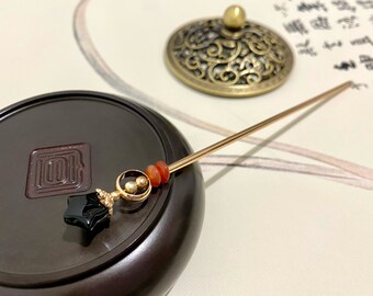 Palillos para el cabello de cobre con ágata negra y estrella, horquillas para el cabello, palillos para el cabello con piedras preciosas, palillos para el cabello chinos, palillos para el cabello largo, accesorio para cabello largo