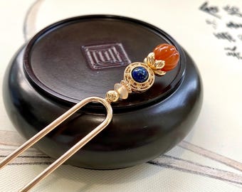 Palillos para el cabello de cobre, lapislázuli y jade dorado, horquillas para el cabello con piedras preciosas, palillos chinos, palillos para el cabello, cabello largo, palillos para el cabello dorados