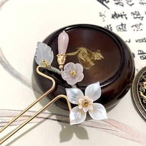 Rose Quartz Mother Of Pearl-Copper Hair Sticks Hair Pin-Chinese Hair Sticks-Hanfu Accessories-Asian Hair Sticks Long Hair-Gold Hair Stick