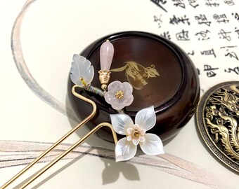 Rozenkwarts Moeder Van Parel-KoperEn Haar Sticks Haar Pin-Chinese Hair Sticks-Hanfu Accessoires-Aziatische Hair Sticks Lang Haar-Gold Hair Stick