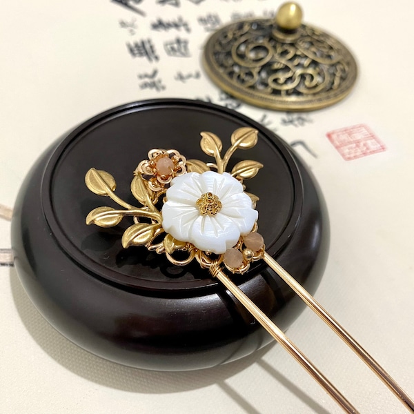 Floral Copper Hair Sticks mother of Pearl Hair Pin-Chinese Hair Sticks-Hanfu Accessories-Asian Hair Sticks Long Hair-Gold Hair Stick-