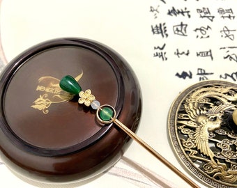 Chalcedony Hair Stick, Gold Plated Copper Chopstick with Sakura Pendant