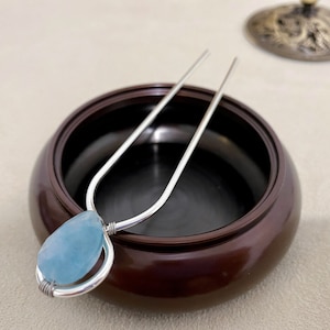 Faceted Aquamarine Hair Fork, Silver Hair Bun Prong, Handmade in Canada