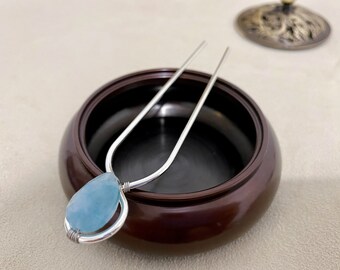 Faceted Aquamarine hair fork, hair stick, geometric hair fork, silver hair slide, hair bun prong, hair pins, Christmas gift