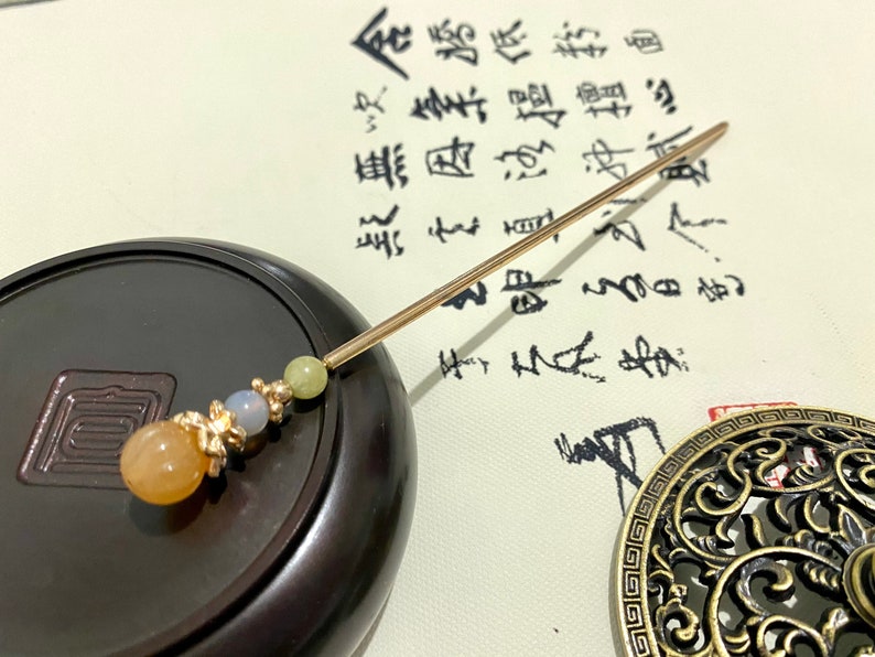Gouden jade-koper haarstokken haarspelden eetstokje-edelsteen haarstok-Chinese haarstokken-haarstokken lang haar-gouden haarstokken-cosplay afbeelding 7