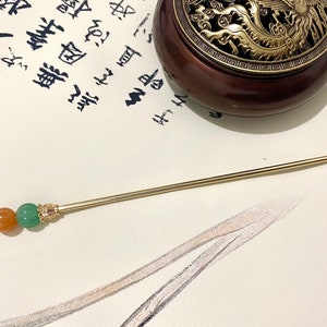Kürbis-Kupfer Haarstab-Gold Haarstäbchen-Jade Haarnadel-Haarstab für lange Haare-Chinesische Haarnadel-Stäbchen-Edelstein-Weihnachtsgeschenk Bild 3